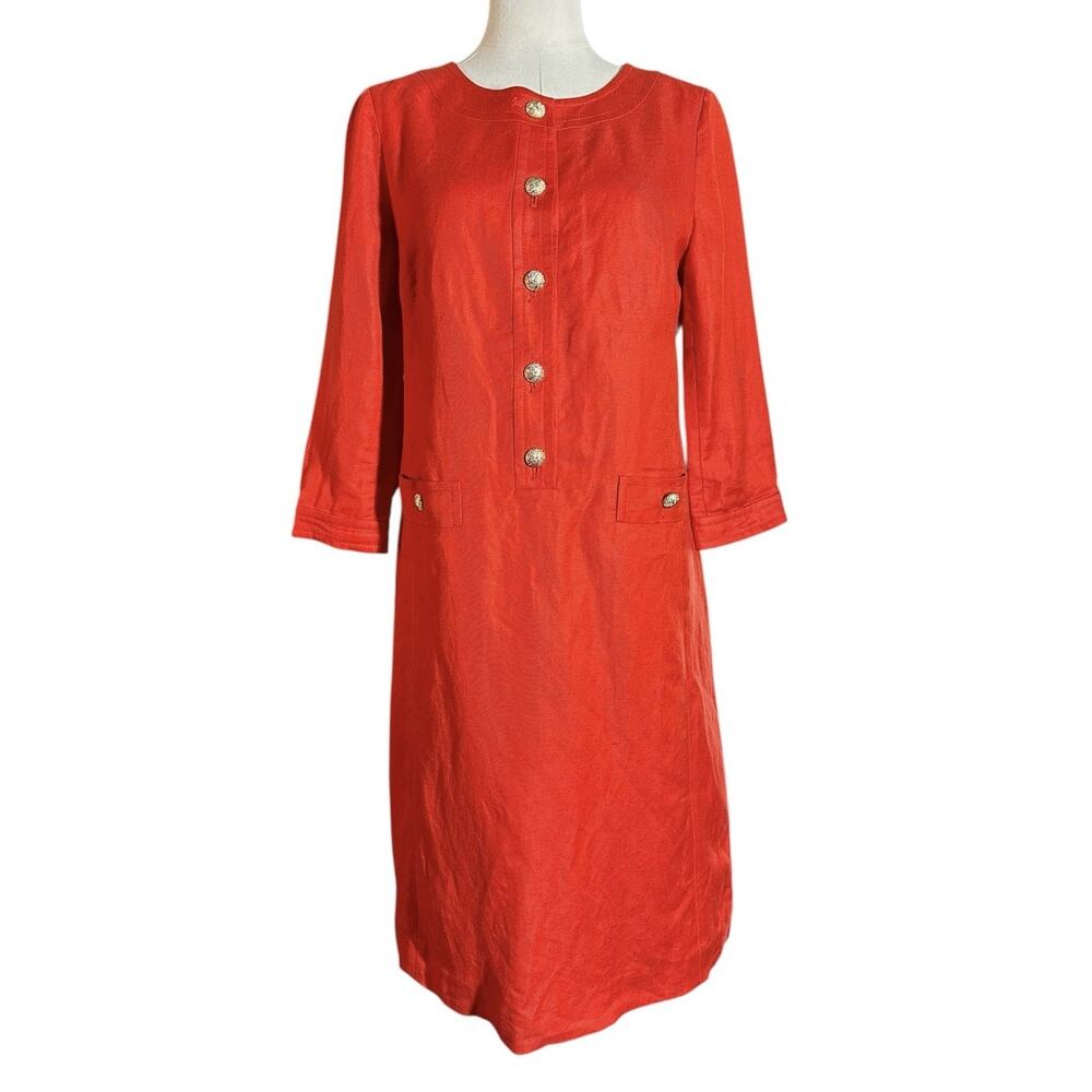 TALBOTS Dress Womens 6 Linen Blend 3/4 Midi Length Orange Gold Buttons Mod Lined